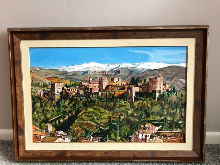 ORIGINAL UNIQUE CANVAS OIL PAINTING OF THE ALHAMBRA GRANADA, PROVIDED WITH A BEAUTIFUL FRAME