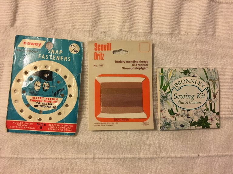 image for Vintage Newey snap fasteners packaging; Scovill Dritz hosiery mending thread & Bronnley sewing kit.