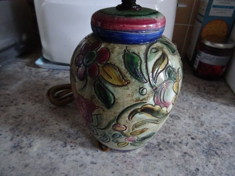 Small Scraffito Table Lamp with Hand Painted Shade or Blue Pleated Shade.