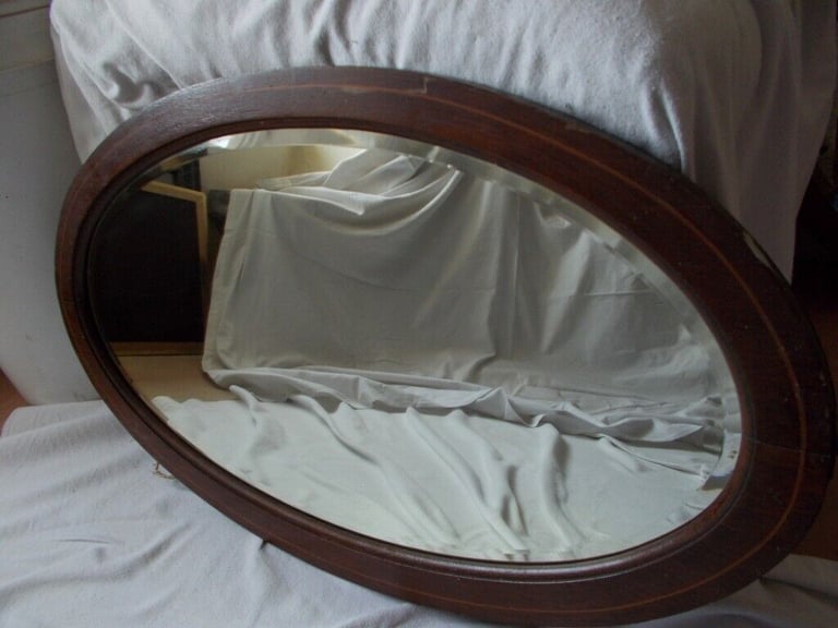 Old Oval oak bevelled mirror 830mm x 480 (C)