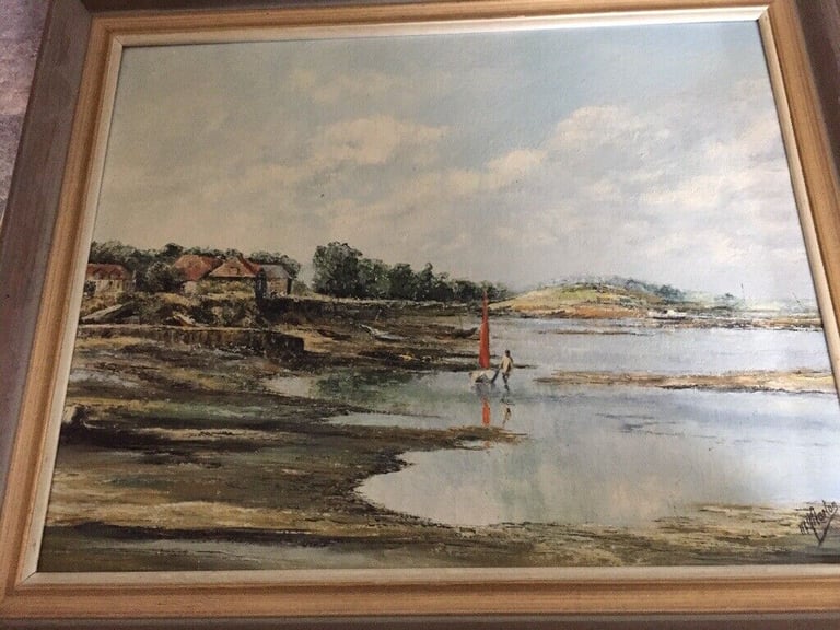 REDUCED OIL PAINTING  ( not print ! ) “ OVERY AT LOW TIDE ; BY MAUREEN NORTON