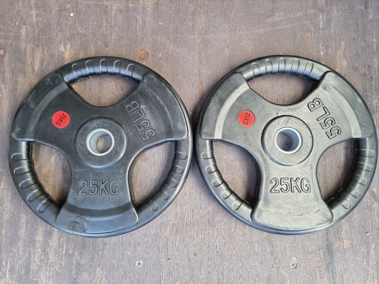 2 x 25kg Olympic Rubber Coated Plates with Tri-Grip Handles - Delivery Possible