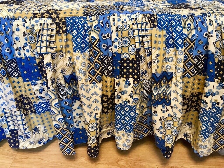 Vintage Retro 60's Blue Patchwork Flower Power Double Bedspread Valance Coverlet