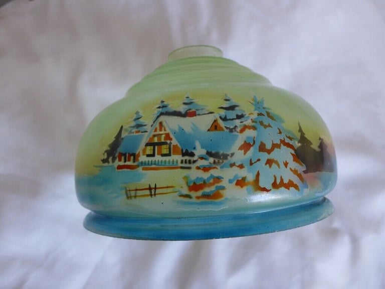 Vintage antique hand-painted glass lampshade lamp shade light shade with glass tube fringing.