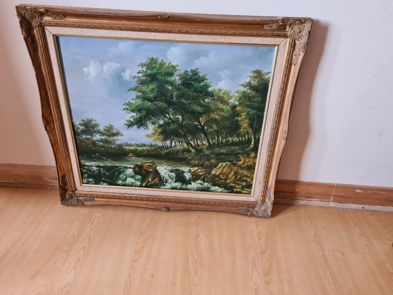 image for oil on canvass countryside scene picture , with vintage baroque style frame,
