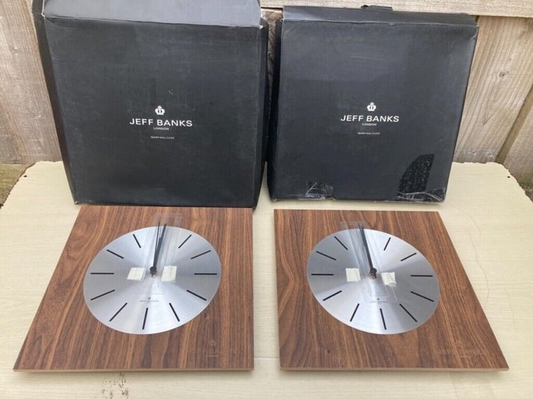 image for NEW 2 JEFF BANKS LONDON QUARTZ WALL CLOCKS -SQUARE-WOOD EFFECT -BATTERY OPERATED