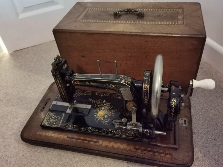 Stunning & Rare ANTIQUE BIESOLT & LOCKE MEISSEN Sewing Machine with Inlay Mother of Pearl Base