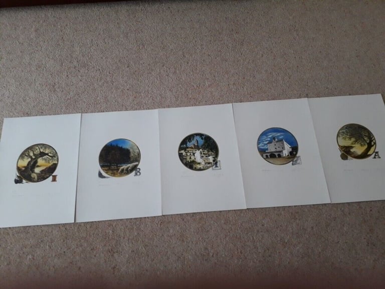 Vintage hand coloured prints x5
