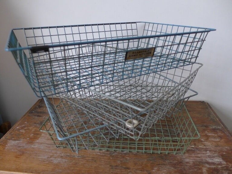image for FOUR VINTAGE METAL WIRE IN-OUT FILING TRAYS OFFICE LETTER BASKETS. One marked BEANSTALK