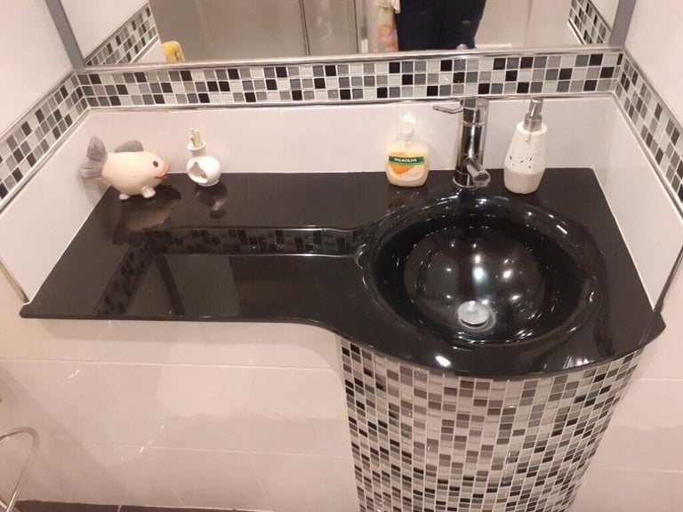 2 x NEW UNUSED Designer  Black P Shaped Glass Basins WILL SELL SEPARATELY