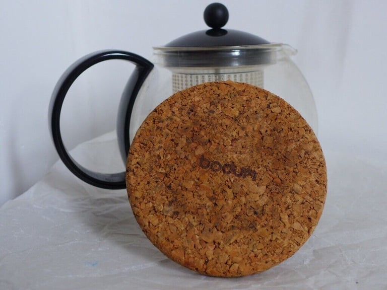 Vintage BODUM Glass Teapot with Loose Leaf Tea Infuser and Original Cork Mat Stand.