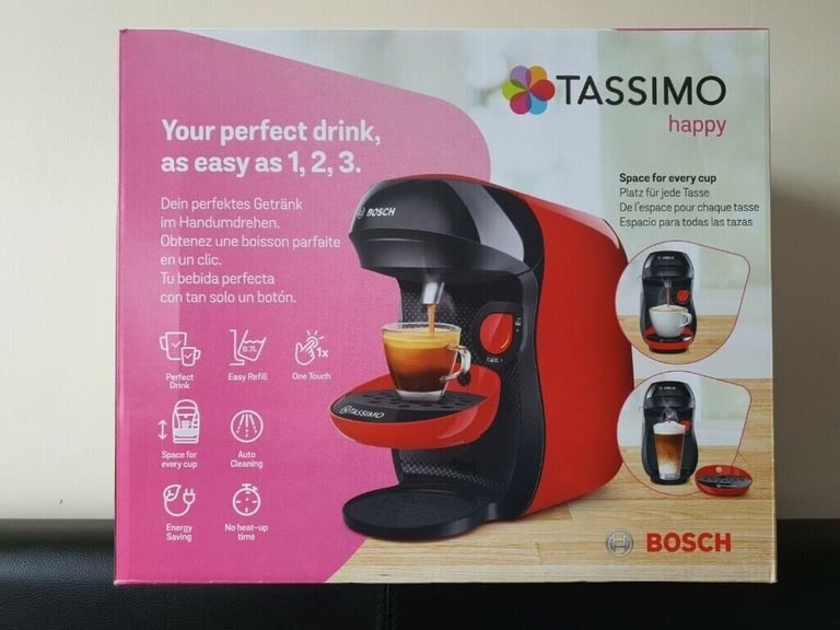 Tassimo by Bosch TAS1003GB Happy Pod Coffee Machine - Red and Black, Brand New, Sealed