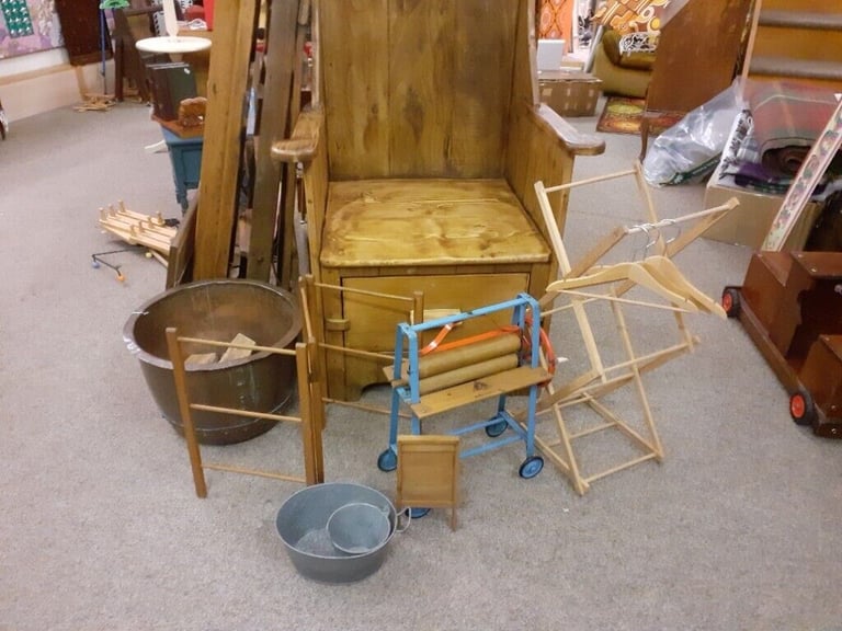 Vintage child's laundry set. 9 child's items including Tri-ang mangle