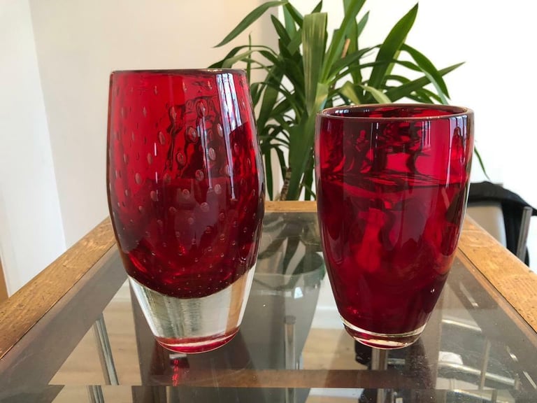 image for Whitefriars glass two red vases - very collectible. One is known as “Bubbles”. 