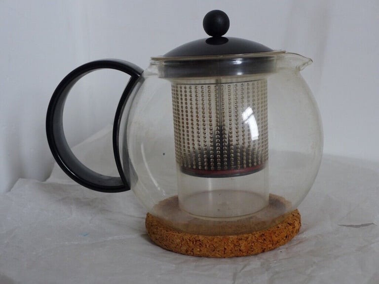 image for Vintage BODUM Glass Teapot with Loose Leaf Tea Infuser and Original Cork Mat Stand.
