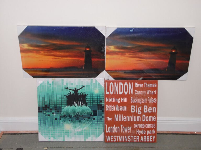 image for 4 x CANVAS PRINTs 3 LED LONDON LANDMARKS GLOBAL DISCO LIGHTHOUSE AT SUNSET PRINT