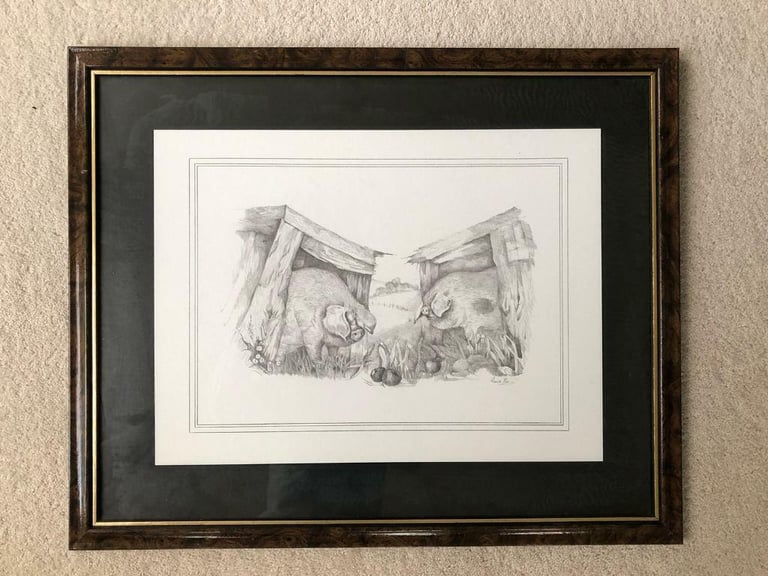 image for Glenda Rae signed black and white Pigs print in walnut coloured frame. Collect Chichester
