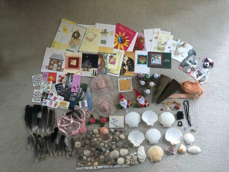 image for Selection of craft items: Ribbons, flowers, feathers, cones, glitter glue. Collect Chichester