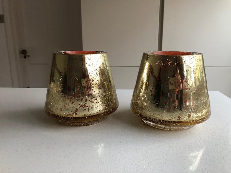 image for 2 John Lewis large glass  gold candleholders with candles.Fulham