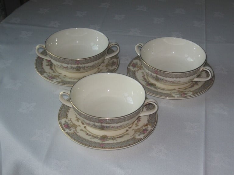 3 Minton Persian Rose Soup Bowls with Twin Handles, including saucers