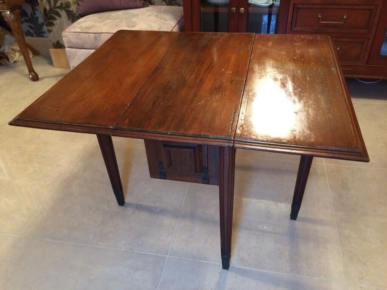 Vintage dropleaf occasional table with integral long drawer, metal footed legs