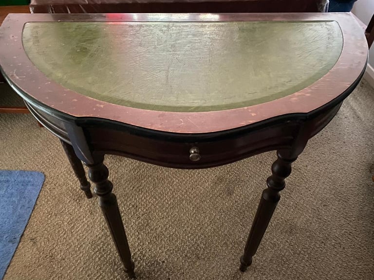 image for Half-round Console Table with Drawer. Brown wood and green leather 