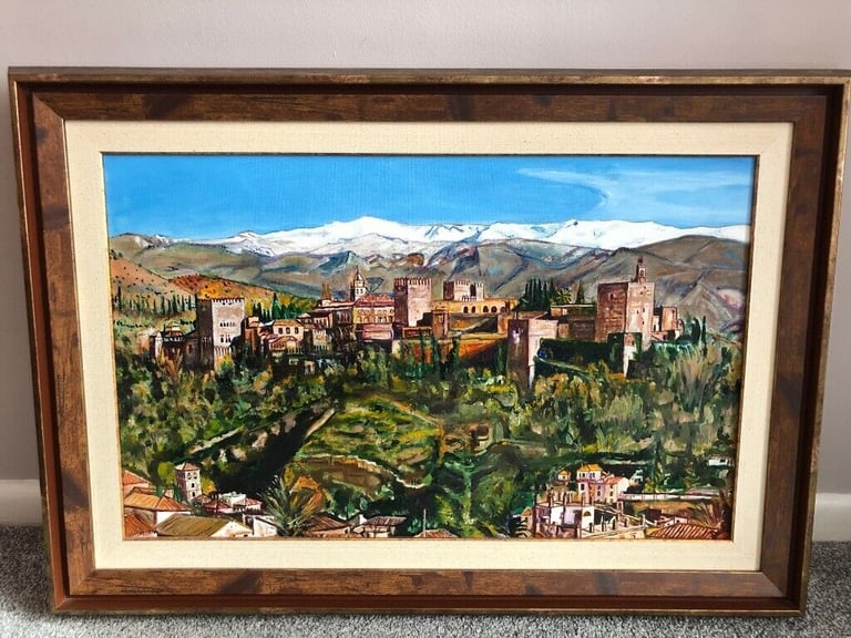 ORIGINAL UNIQUE CANVAS OIL PAINTING OF THE ALHAMBRA GRANADA, PROVIDED WITH A BEAUTIFUL FRAME