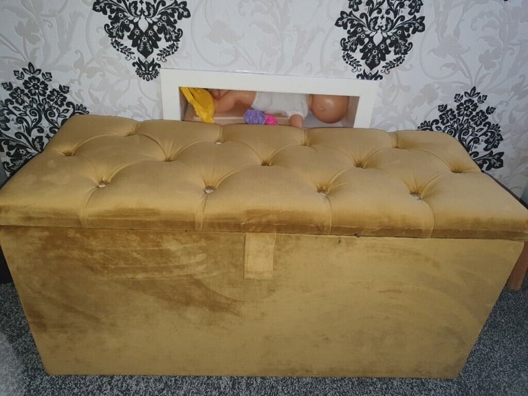 image for mustard colour velvet ottoman with diamante lid 92x48x38cm