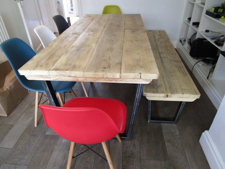 Dining table and bench, reclaimed wood and industrial metal base,Kitchen table,table,tables,vintage