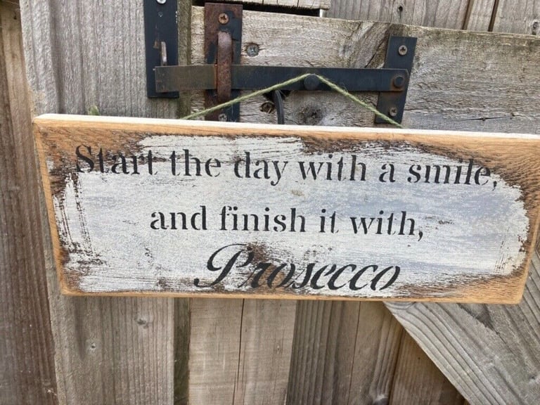 image for HANDMADE WOODEN DISTRESSED/SHABBY CHIC WALL HANGING PLAQUE - SMILE & PROSECCO