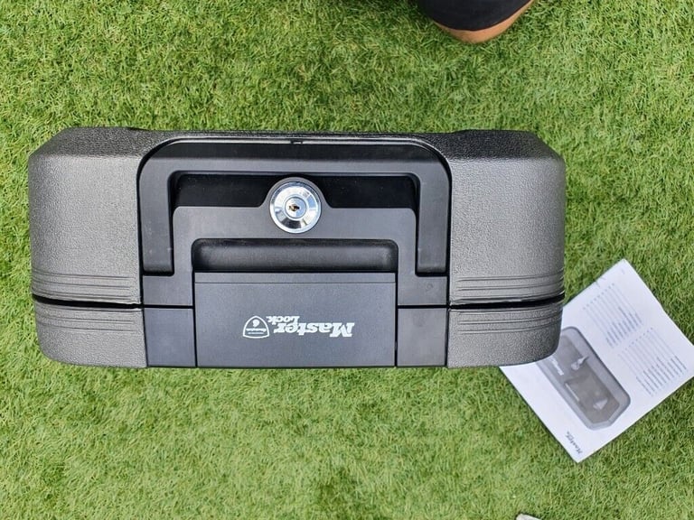 Master lock fire and flood security Chest  No keys with it as a small crack on the bottom see pics