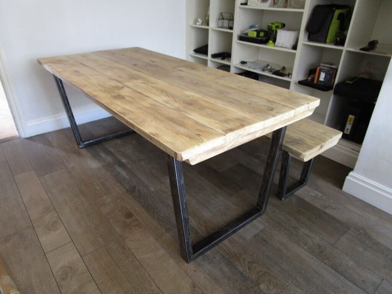 Dining table and bench, reclaimed wood and industrial metal base,Kitchen table,table,tables,vintage