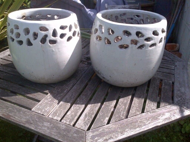 two beautiful large and unusual glazed terracotta plant pots 