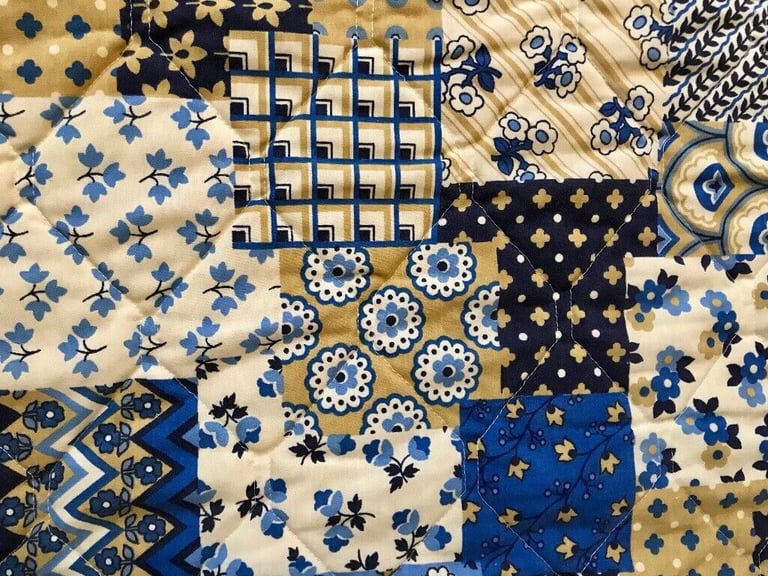 Vintage Retro 60's Blue Patchwork Flower Power Double Bedspread Valance Coverlet