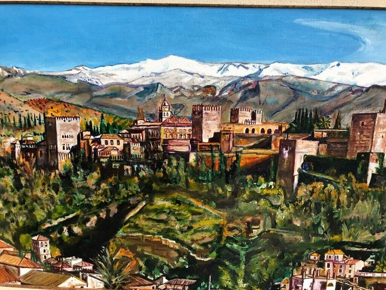 ORIGINAL UNIQUE CANVAS OIL PAINTING OF THE ALHAMBRA GRANADA, PROVIDED WITH A BEAUTIFUL FRAME