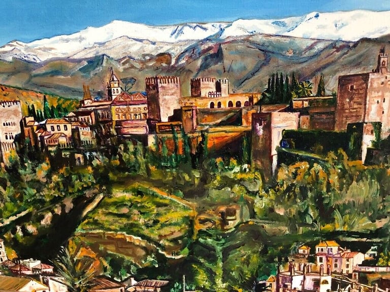 ORIGINAL UNIQUE CANVAS OIL PAINTING OF THE ALHAMBRA GRANADA, PROVIDED WITH A BEAUTIFUL FRAME
