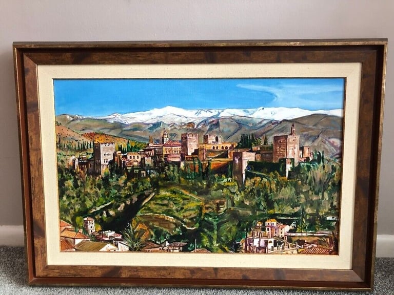 ORIGINAL UNIQUE CANVAS OIL PAINTING OF THE ALHAMBRA GRANADA, PROVIDED WITH A BEAUTIFUL FRAME