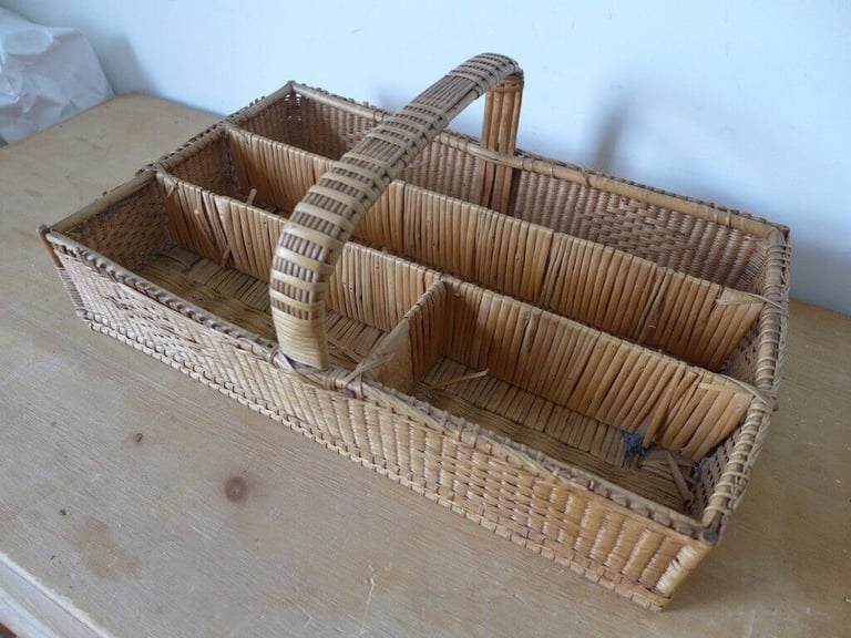 image for RARE survivor from a bygone age! Vintage woven raffia straw wicker Cutlery Basket / Tray with Handle