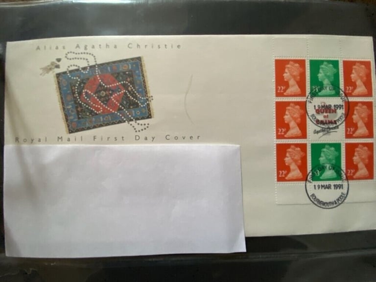 image for Agatha Christie, London life, VE day, First Day Cover stamp sets, address covered for privacy