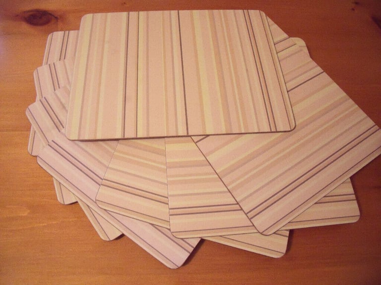 image for 8 rectangular cork-backed place, table mats - muted yellow,oatmeal & brown stripe design.£4 ovno lot