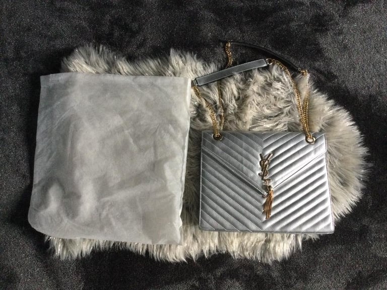 image for Silver Diagonal Quilted Bag with Gold Detail 