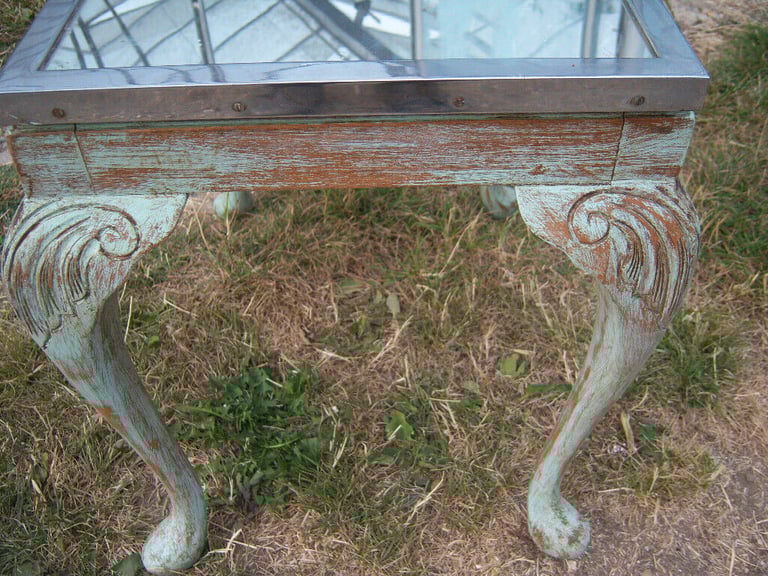 Upcycled, shabby chic, hardwood, chrome and mirror coffee table.