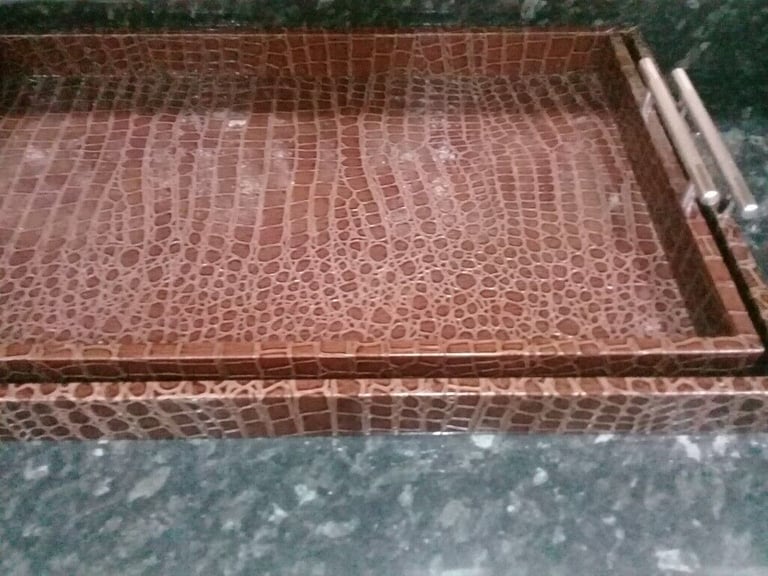 image for 2 large Dubia luxury snake skin like stylish brown serving leather Tray. Brand new UK