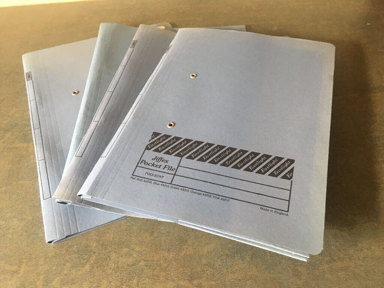 image for 	10 Eastlight Jiffex blue files: 6 x A4 (unused) & 4 x foolscap pocket (used). Can post. £4 ovno lot