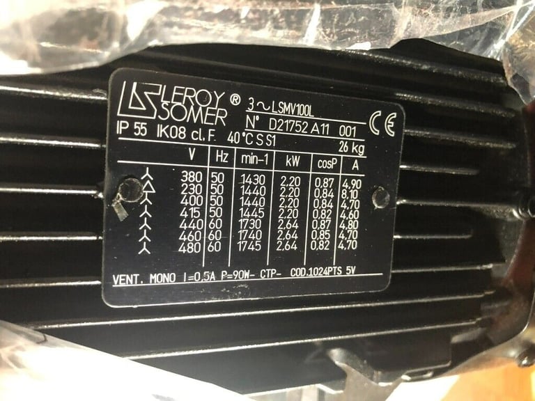 Leroy Somer LSMV100L T Metric Motor 230-480VAC 1745RPM 2.64kW, 3ph motor RRP £2800
