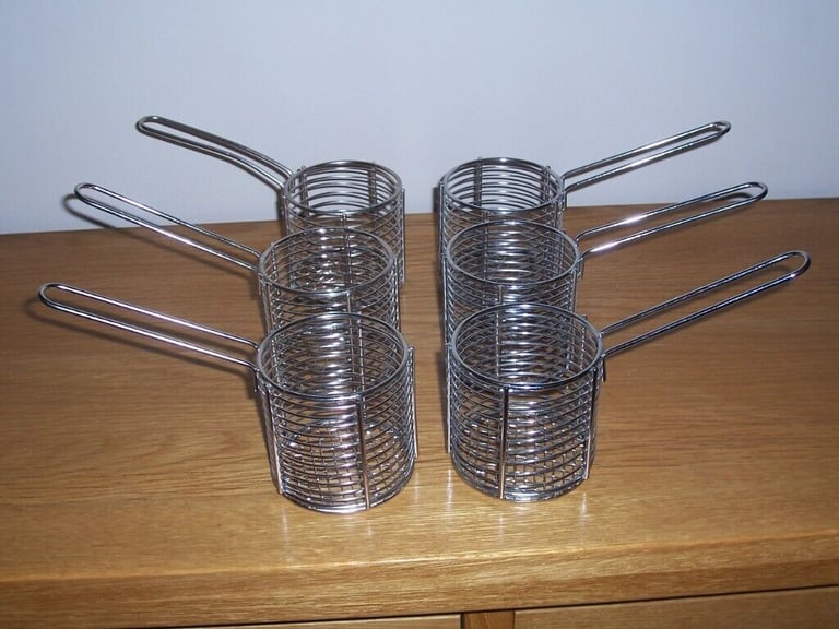 image for Six chrome round mini chip pan fryer baskets with serving handle.