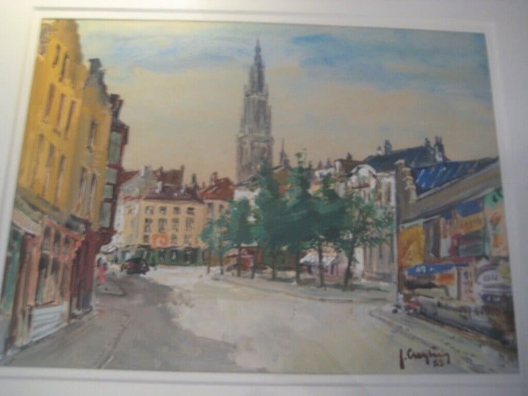 image for Original French/Belgian Painting Town centre Under glass 