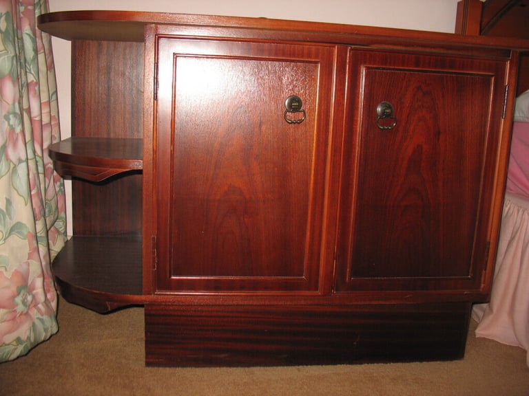 image for Mahogany finish bedside cabinet / sideboard, doors, LEFT open end shelf, drawers, vintage