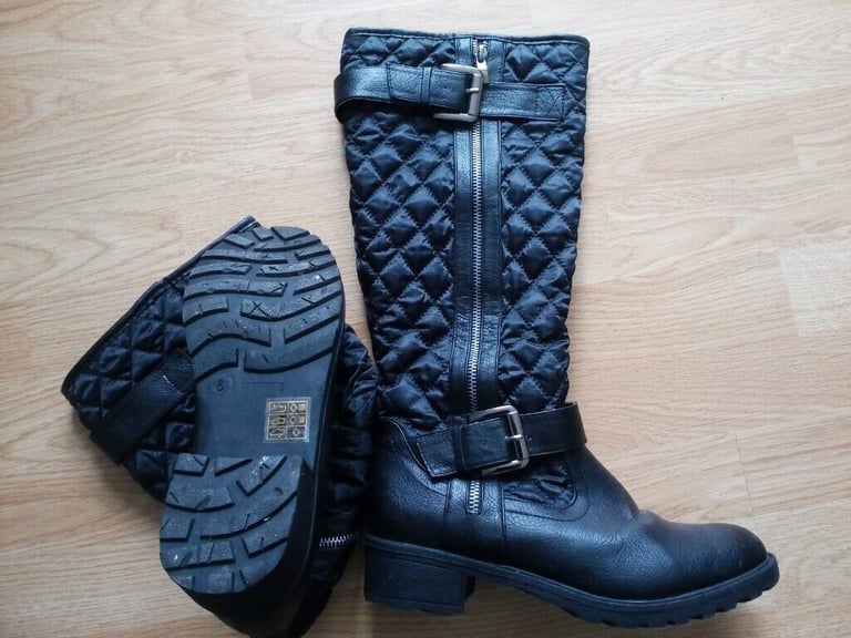 Ladies black quilted knee length boots