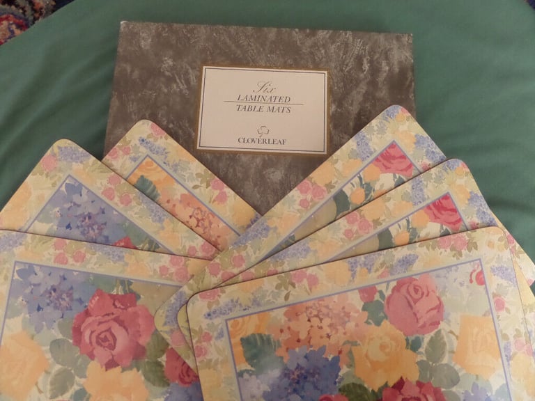 TABLE MATS (BOXED) - 6.  Pastel shades in a rose & leaf design. Unused.